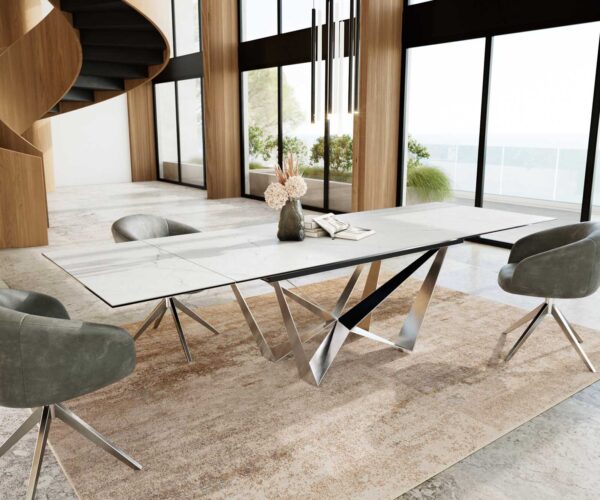 Jídelní stůl 200-300x100 keramika Laminam®Statuarietto Bílá podnož plochá ocel nerezová ocel rozkládací - Image 7