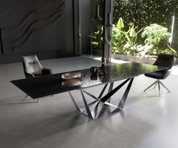 Jídelní stůl Edge 200-300x100 reliéfní sklo kouřové černá 3D design podnož plochá ocel nerezová ocel rozkládací