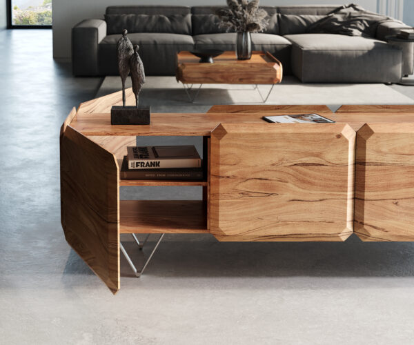 TV stolek Kiano 220 cm přírodní akácie 4 dvířka podnož ve tvaru "V" nerezová ocel oboustranný - Image 6