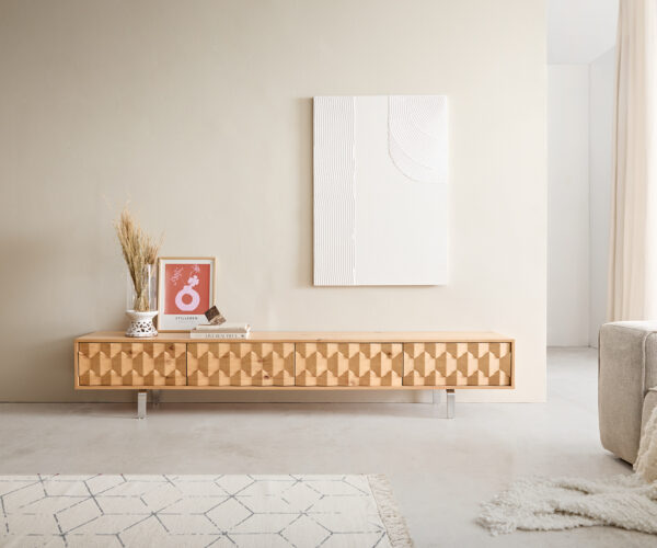 TV stolek Fevo 220 cm přírodní dub 4 dvířka podnož ve tvaru "L" nerezová ocel - Image 2