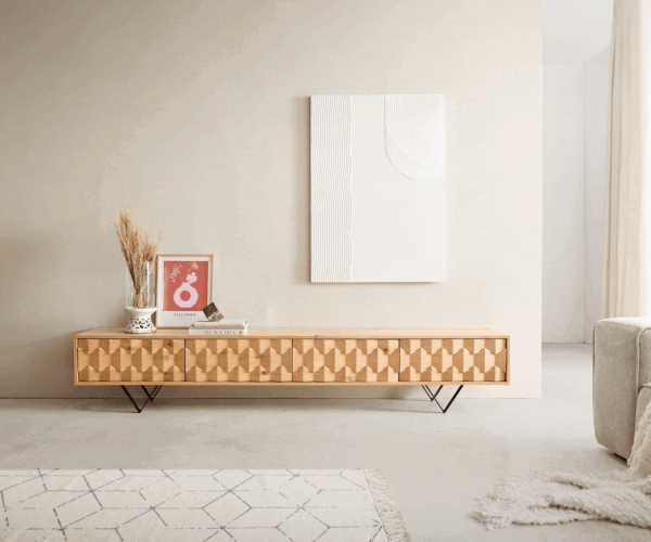 TV stolek Fevo 220 cm přírodní dub 4 dvířka podnož ve tvaru "V" kovová černá - Image 4