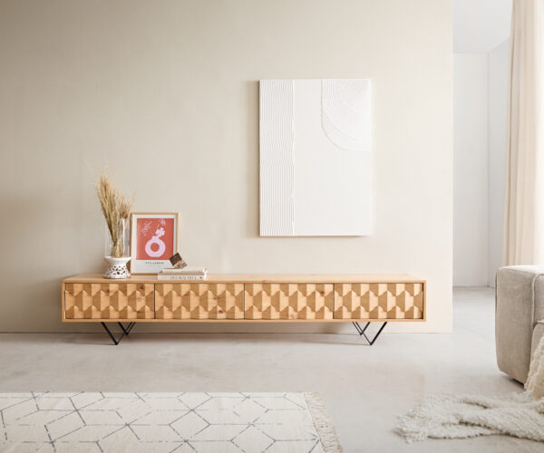 TV stolek Fevo 220 cm přírodní dub 4 dvířka podnož ve tvaru "V" kovová černá - Image 2