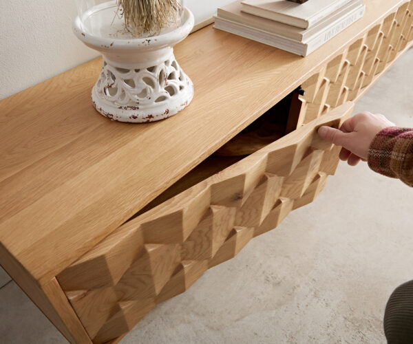 TV stolek Fevo 220 cm přírodní dub 4 dvířka podnož ve tvaru "V" kovová černá - Image 5