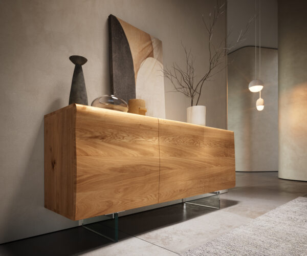 Příborník New Live-Edge 145 cm přírodní dub 3 dvířka skleněná podnož - Image 5