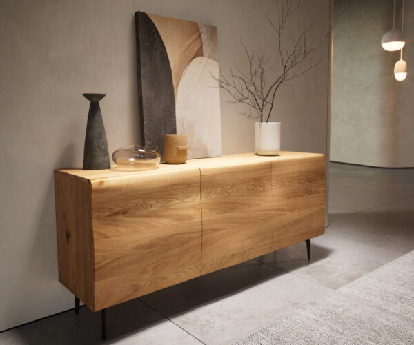 Příborník New Live-Edge 145 cm přírodní dub 3 dvířka šikmá podnož kovová černá - Image 4