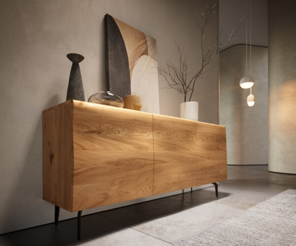 Příborník New Live-Edge 145 cm přírodní dub 3 dvířka šikmá podnož kovová černá - Image 5