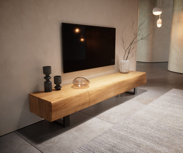 TV stolek New Live-Edge 200 cm přírodní dub 4 dvířka tenká podnož kovová černá - Image 2