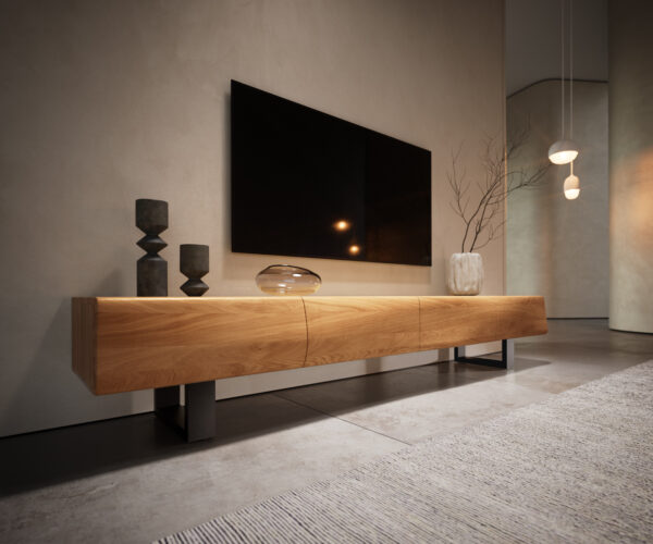 TV stolek New Live-Edge 200 cm přírodní dub 4 dvířka tenká podnož kovová černá - Image 3