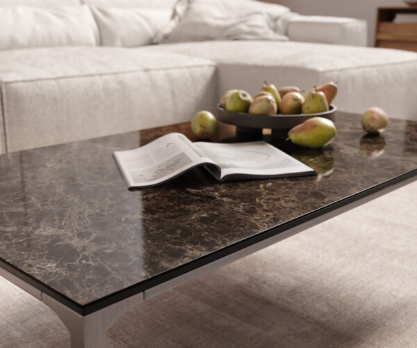 Konferenční stolek Levente 110x60 cm keramika Laminam®Emperador Extra Lucidato tmavě hnědá podnož nerezová ocel stříbrná - Image 6