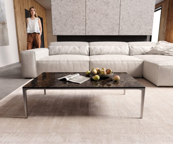 Konferenční stolek Levente 110x60 cm keramika Laminam®Emperador Extra Lucidato tmavě hnědá podnož nerezová ocel stříbrná - Image 2