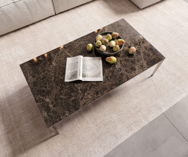 Konferenční stolek Levente 110x60 cm keramika Laminam®Emperador Extra Lucidato tmavě hnědá podnož nerezová ocel stříbrná - Image 5