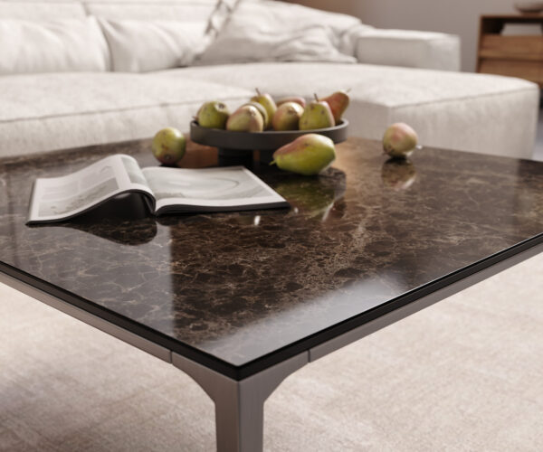 Konferenční stolek Levente 85x85 cm keramika Laminam®Emperador Extra Lucidato tmavě hnědá podnož nerezová ocel stříbrná - Image 6