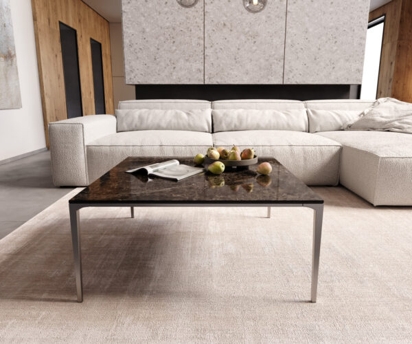 Konferenční stolek Levente 85x85 cm keramika Laminam®Emperador Extra Lucidato tmavě hnědá podnož nerezová ocel stříbrná - Image 2