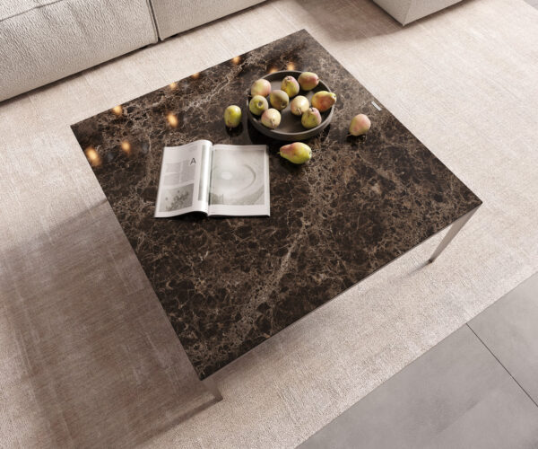 Konferenční stolek Levente 85x85 cm keramika Laminam®Emperador Extra Lucidato tmavě hnědá podnož nerezová ocel stříbrná - Image 5