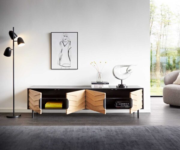TV stolek Muvi 200 cm přírodní dub mango černá kov černá 4 dvířka - Image 4