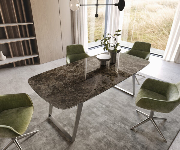 Jídelní stůl Edge oválný 200x100 keramika Laminam® Emperador Extra Lucidato tmavě hnědá nerezová ocel hranatá - Image 2