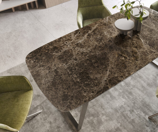 Jídelní stůl Edge oválný 200x100 keramika Laminam® Emperador Extra Lucidato tmavě hnědá nerezová ocel hranatá - Image 5