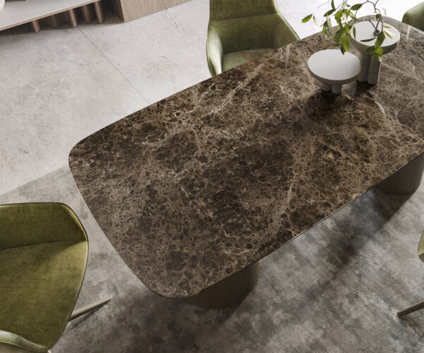 Jídelní stůl Edge oválný 200x100 keramika Laminam® Emperador Extra Lucidato tmavě hnědá Troa podnož titanová - Image 5