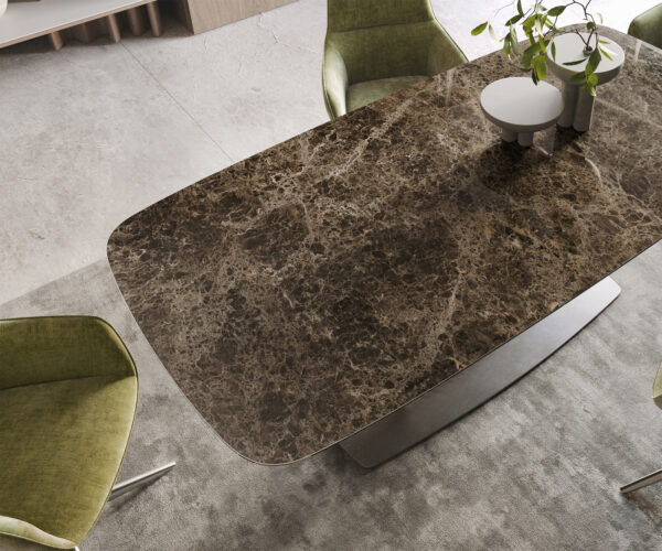 Jídelní stůl Edge oválný 200x100 keramika Laminam® Emperador Extra Lucidato tmavě hnědá Wave nerezová ocel - Image 5