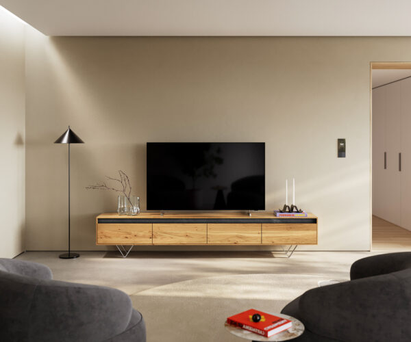 TV stolek Stonegrace 240 cm přírodní dub 4 dvířka podnož ve tvaru "V" nerezová ocel - Image 2