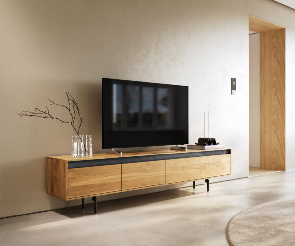 TV stolek Stonegrace 200 cm přírodní dub břidlice 4 zásuvky podnož oválná kovová černá