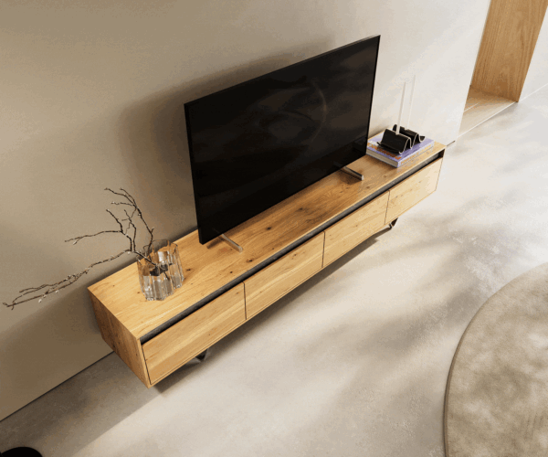 TV stolek Stonegrace 200 cm přírodní dub břidlice 4 zásuvky podnož ve tvaru "V" nerezová ocel - Image 4