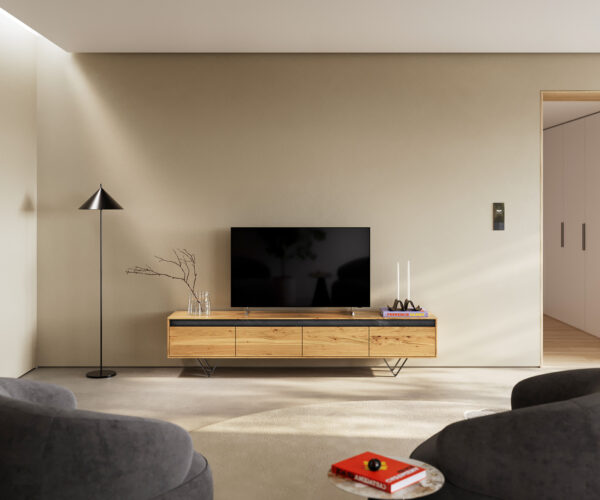 TV stolek Stonegrace 200 cm přírodní dub břidlice 4 zásuvky podnož ve tvaru "V" kovová černá - Image 2