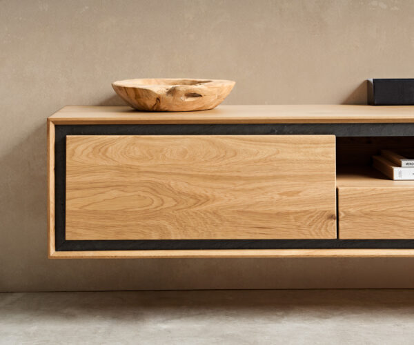 TV stolek Stonegrace 240 cm přírodní dub 2 dvířka 1 přihrádka 2 zásuvky kamenná dýha nástěnný - Image 6