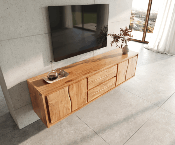 TV stolek Live-Edge 200 cm akácie přírodní 4 dvířka 2 zásuvky nástěnný - Image 4