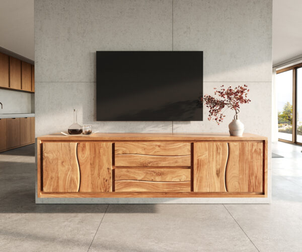 TV stolek Live-Edge 200 cm akácie přírodní 4 dvířka 2 zásuvky nástěnný - Image 2