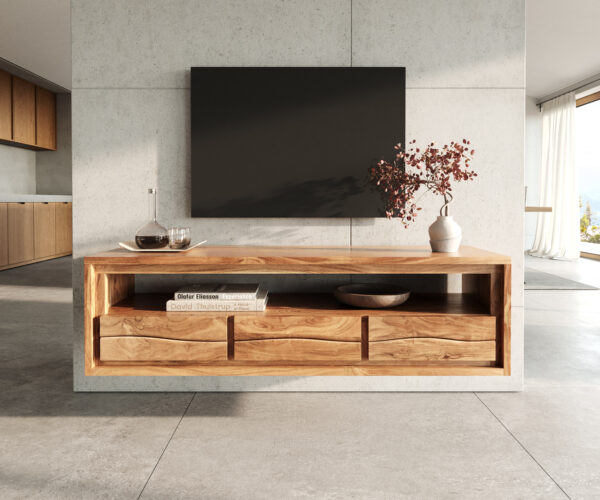 TV stolek Live-Edge 146 cm přírodní akácie 3 zásuvky 1 přihrádka nástěnný - Image 2