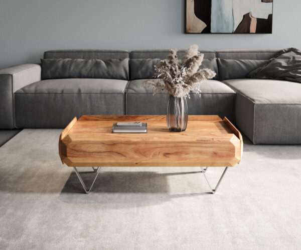 Konferenční stolek Kiano 100x50 cm přírodní akácie 2 zásuvky podnož ve tvar "V" nerezová ocel - Image 2