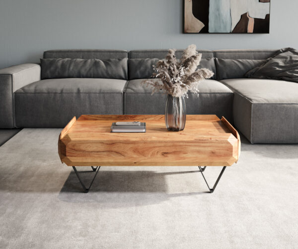 Konferenční stolek Kiano 100x50 cm přírodní akácie 2 zásuvky podnož ve tvaru "V" černá - Image 2