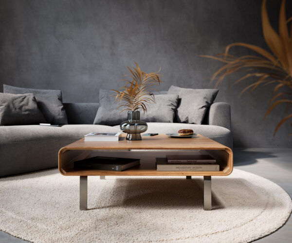Dohányzóasztal Anaya 90x90 cm akác természetes 1 rekesz L alakú láb rozsdamentes acél - Image 2