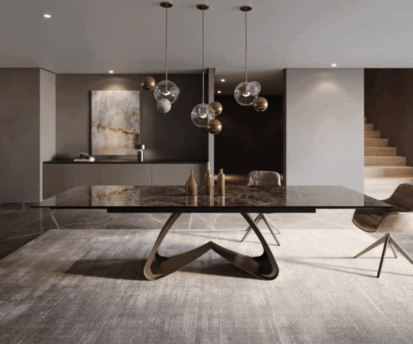 Jídelní stůl Edge 200-300x100 keramika Laminam® Emperador Extra Lucidato tmavě hnědá podnož ve tvaru "W"  titanová rozkládací - Image 2