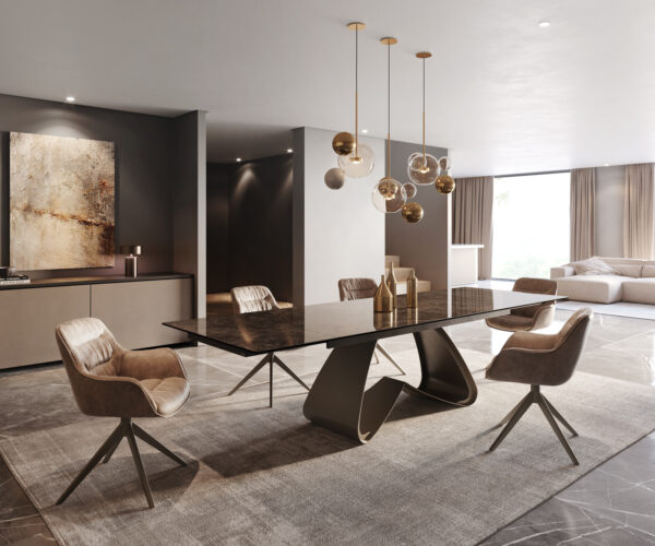 Jídelní stůl Edge 200-300x100 keramika Laminam® Emperador Extra Lucidato tmavě hnědá podnož ve tvaru "W"  titanová rozkládací - Image 6