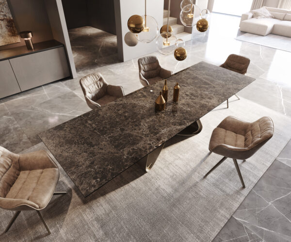 Jídelní stůl Edge 200-300x100 keramika Laminam® Emperador Extra Lucidato tmavě hnědá podnož ve tvaru "W"  titanová rozkládací - Image 5