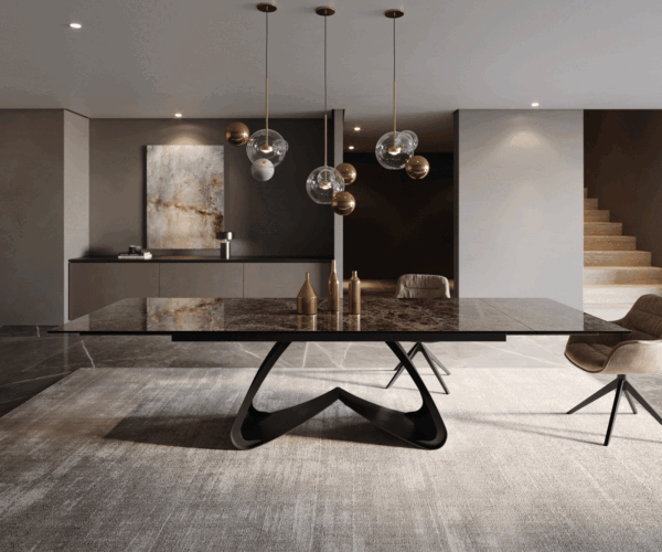 Jídelní stůl Edge 200-300x100 keramika Laminam® Emperador Extra Lucidato tmavě hnědá podnož ve tvaru "W" černá rozkládací - Image 2