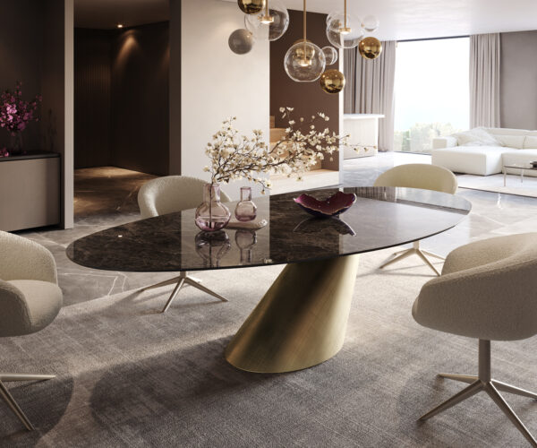 Jídelní stůl Edge Oval 280x130 Keramický Laminam® Emperador Extra Lucidato Tmavě hnědý Cono Metallic Gold