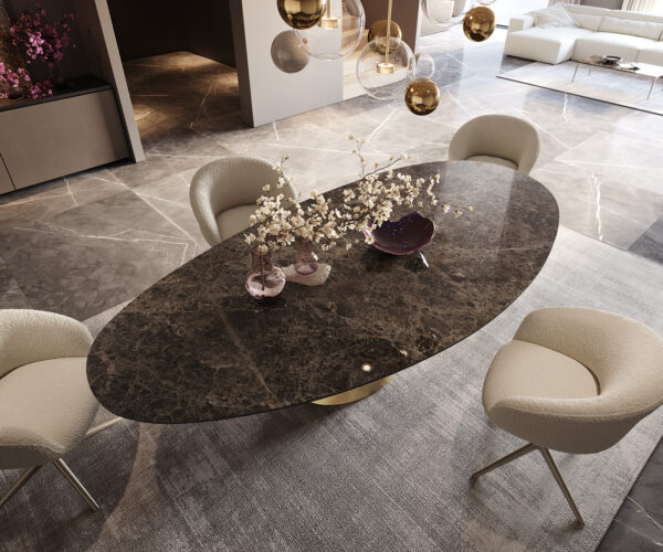 Jídelní stůl Edge Oval 280x130 Keramický Laminam® Emperador Extra Lucidato Tmavě hnědý Cono Metallic Gold - Image 4