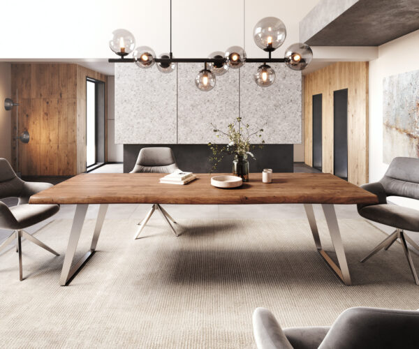 Jídelní stůl Edge 260x100cm XL akácie hnědá nerezová ocel stříbrná šikmá - Image 2
