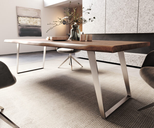 Jídelní stůl Edge 260x100cm XL akácie hnědá nerezová ocel stříbrná šikmá - Image 5