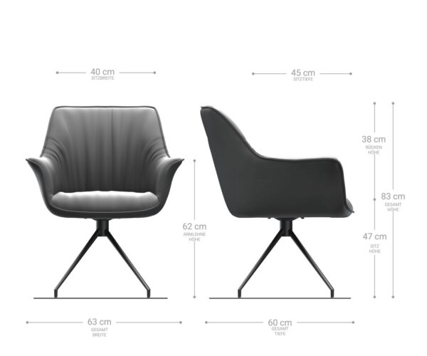 Otočná židle Keila-Flex s područkami pravá kůže černá křížová podnož zúžená nerezová ocel - Image 6