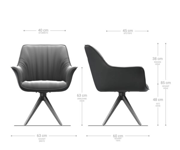 Otočná židle Keila-Flex s područkami černá pravá kůže dřevěná podnož hranatá - Image 6
